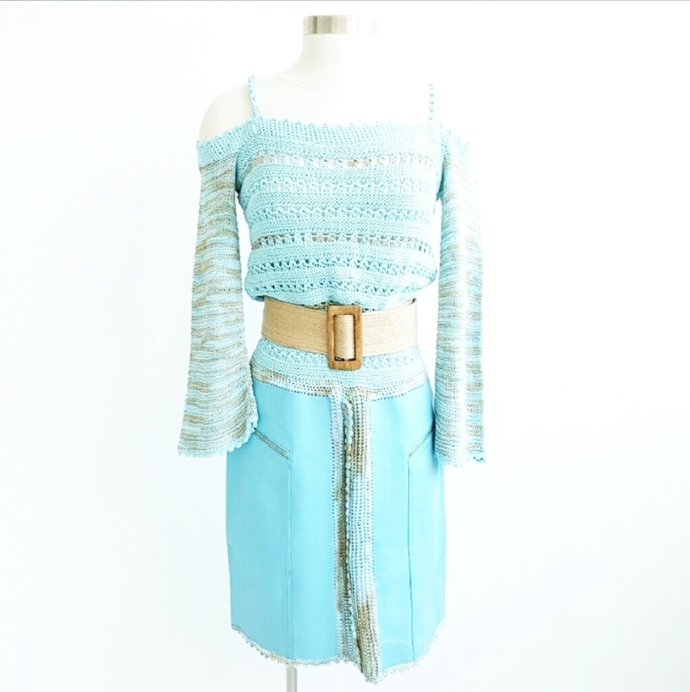 100% Hand Knitted Dress Blue Leather, Organic Yarn